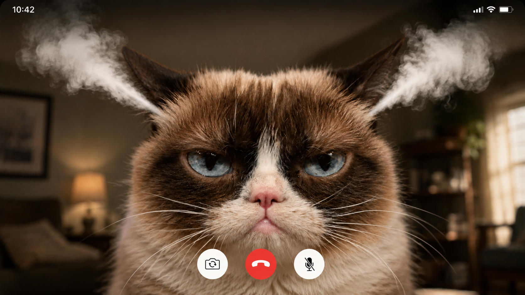 Grumpy Cat angrily answering a video call